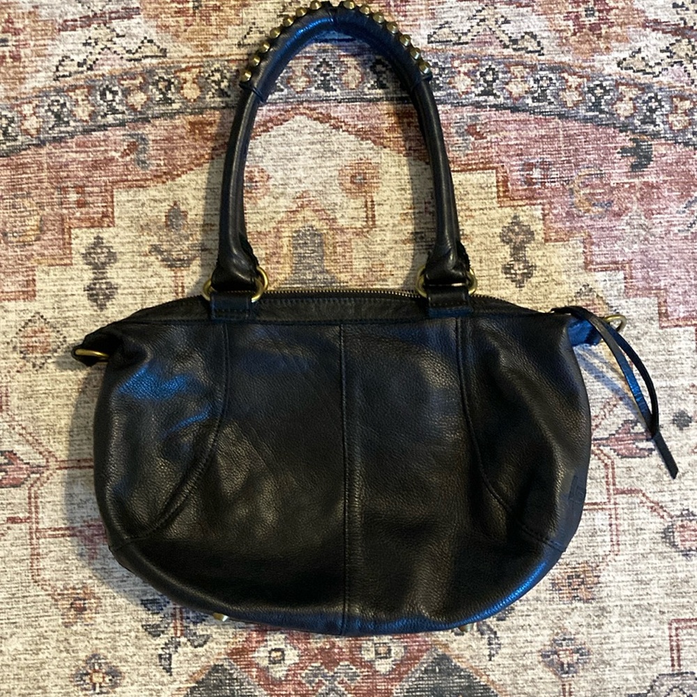 Linea Pelle Black Leather Small Tote Bag with Brass accents/Studs